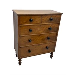 Late Victorian mahogany chest of drawers, with rectangular top over two short and three long graduated drawers, each fitted with ebonised turned knob handles and keyholes, raised on turned supports