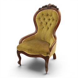 Victorian mahogany green upholstered nursing chair, balloon back with carved cresting rail...