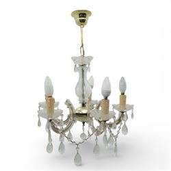 Mid-20th century glass and brass five branch chandelier, with glass drops and drip trays 
