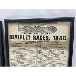 Two framed advertising posters, the first example titled 'Johnson's Correct List of Beverley Races, 1840', the second titled 'Theatre-Royal, Hull. third Night of Miss Paton's Engagement. this present Wednesday, December 29th, 1830, will be performed the celebrated Beggars' Opera', overall including frames H38.5cm W26cm