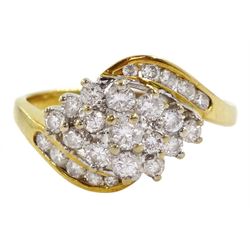 18ct gold round brilliant cut diamond cluster ring, with channel set diamond shoulders, hallmarked, total diamond weight approx 0.65 carat