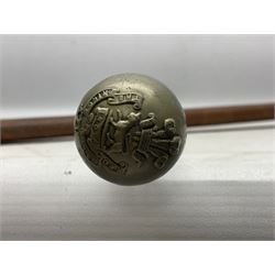 George V 1897 pattern Army Officer's sword by Henry Wilkinson Pall Mall London, the 82.5cm 'London Made' blade etched to both sides with Royal Crests and cyphers etc, pierced half-basket hilt with wire-bound fish skin grip and remains of leather knot strap; in leather covered field service scabbard L101cm overall; and two 14th Prince of Wales Own swagger sticks (3)