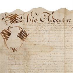 Algernon Percy, 10th Earl of Northumberland: English Civil War period vellum indenture, dated 16 August 1647, between Algernon Percy, Earl of Northumberland and Elizabeth, Countess of Northumberland, relating to a cottage, garth and lands at Hunmanby, Yorkshire, granted to Guy Pickering and Robert Pickering, with reference to Hugh Potter and Peter Dodsworth, manuscript on vellum with decorative initial, pendant seal tag and signatures/witnesses verso

Notes:
Algernon Percy, 10th Earl of Northumberland (1602-1668), was Lord High Admiral to Charles I and later a leading moderate Parliamentarian during the English Civil War. Dated August 1647, this indenture was executed in the aftermath of the First Civil War, while Percy was closely involved in Parliamentary government and in the custody of the King’s younger children. The document concerns property at Hunmanby, Yorkshire, and includes reference to tenure connected with the Crown and King Henry VIII