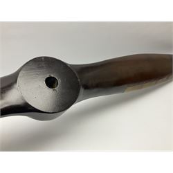 British World War II era laminated wooden four-bladed generator propeller, late 1930s-40s, used to power a drogue winch used by a target tug aircraft; marked with DRG drawing number T29505-2-4 N760 on the hub and impressed circle mark 'P.M.P.W. 1'; light weight four plank mahogany laminate with 9.5cm diameter metal plates mounted to front and rear faces of hub for 15mm shaft; one plate marked T29504-2/198 D91cm; together with a modern reproduction brass edged mahogany two-blade propellor L