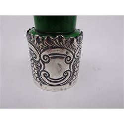 Edwardian silver mounted green glass scent bottle, with embossed silver sleeve and crown finial to stopper, the glass body marked 'The Crown Perfumery Company London', silver sleeve hallmarked Arthur Willmore Pennington, Birmingham 1903