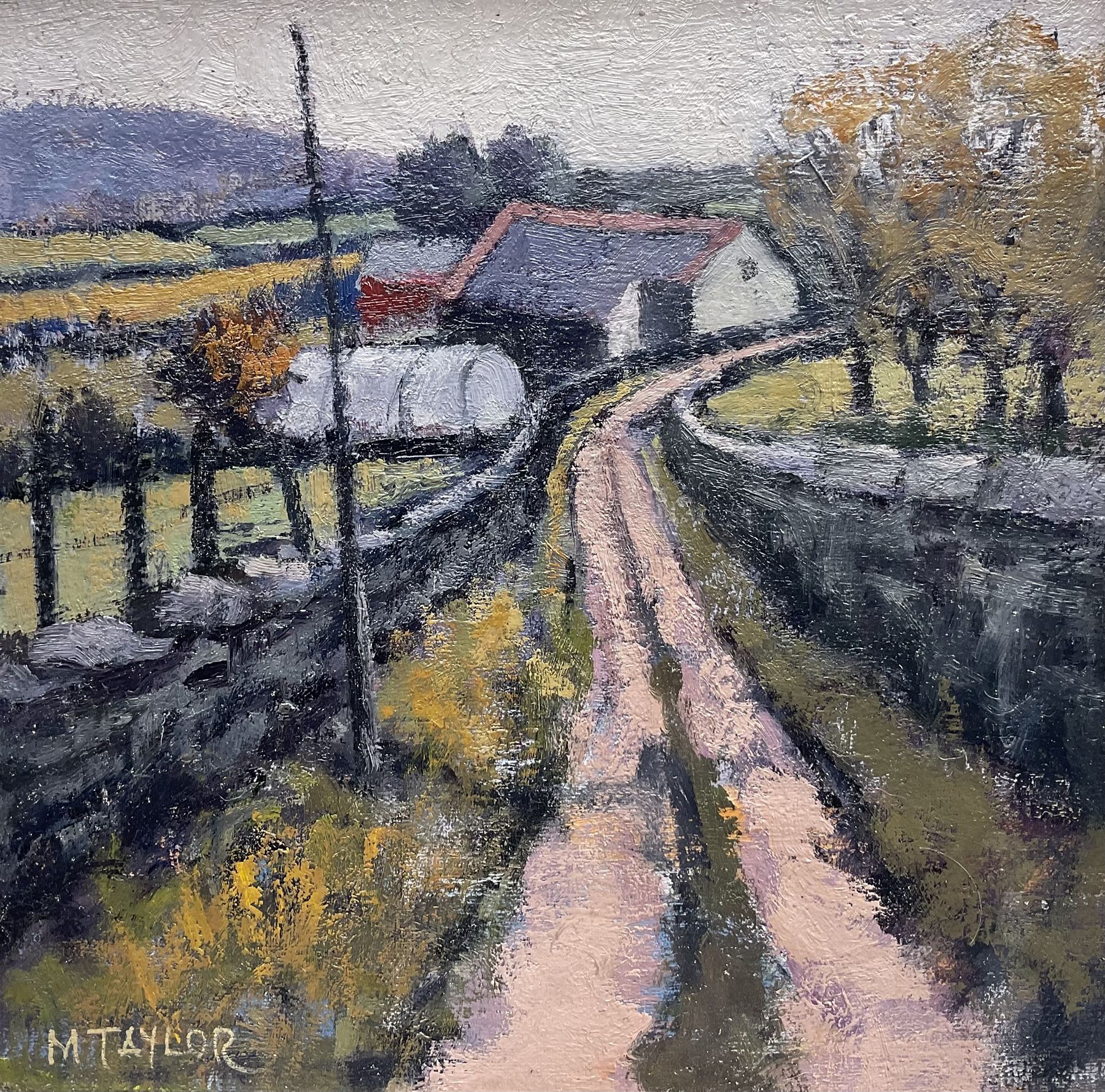 Malcolm Taylor (British Contemporary): 'Polytunnel on Pinnacle Lane', acrylic on board signed, titled verso 19cm x 19cm 