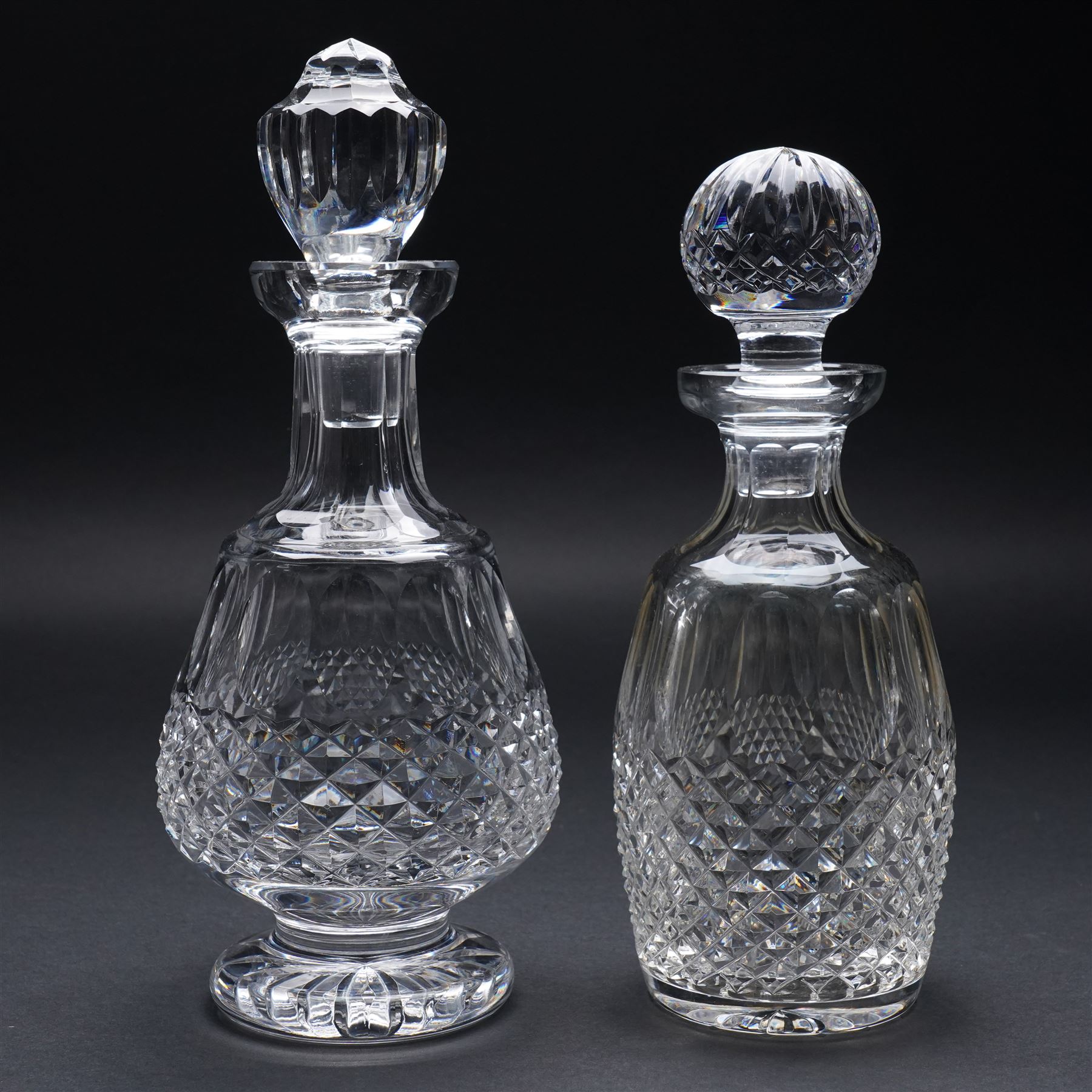 Suite of Waterford Colleen pattern table glass comprising six claret glasses, six hock glasses, six small tumblers, six sherry glasses and two decanters