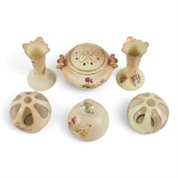 Royal Worcester blush ivory, including pot pourri with pierced cover, scent bottle, pair of bud vases and pair of open pot pourri, vases H12cm