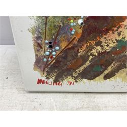 Bernard Hesling (Australian 1905-1987): 'Par Avion', vitreous enamel on metal signed titled and dated '71, 38cm x 54cm