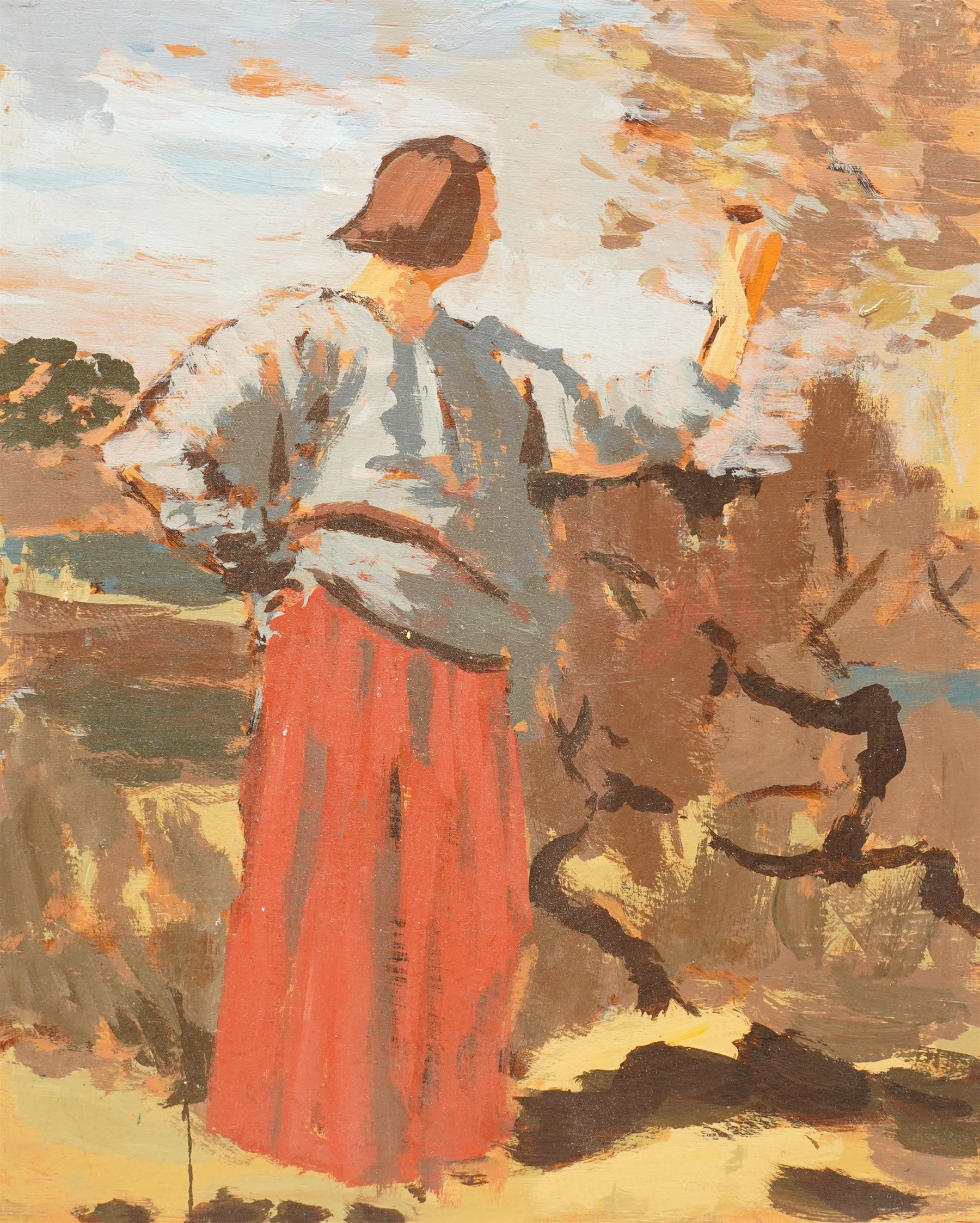 Barry De More (Yorkshire 1948-2023) after Augustus Edwin John (British 1878-1961): 'Dorelia in a Red Skirt', oil on board signed and inscribed verso 29cm x 23cm
Notes: Acclaimed as one of the North's greatest expressionist artists, Barry De More (1948-2023) used a heavy impasto style to transfer his love of Yorkshire landscapes, townscapes and people to canvas. His work sits comfortably in the company of work by Kossoff and Auerbach, selling to collectors in the UK and overseas. De More's work can be found in the permanent collection of work by Northern Artists at Dean Clough, one of the UK's largest contemporary art galleries.