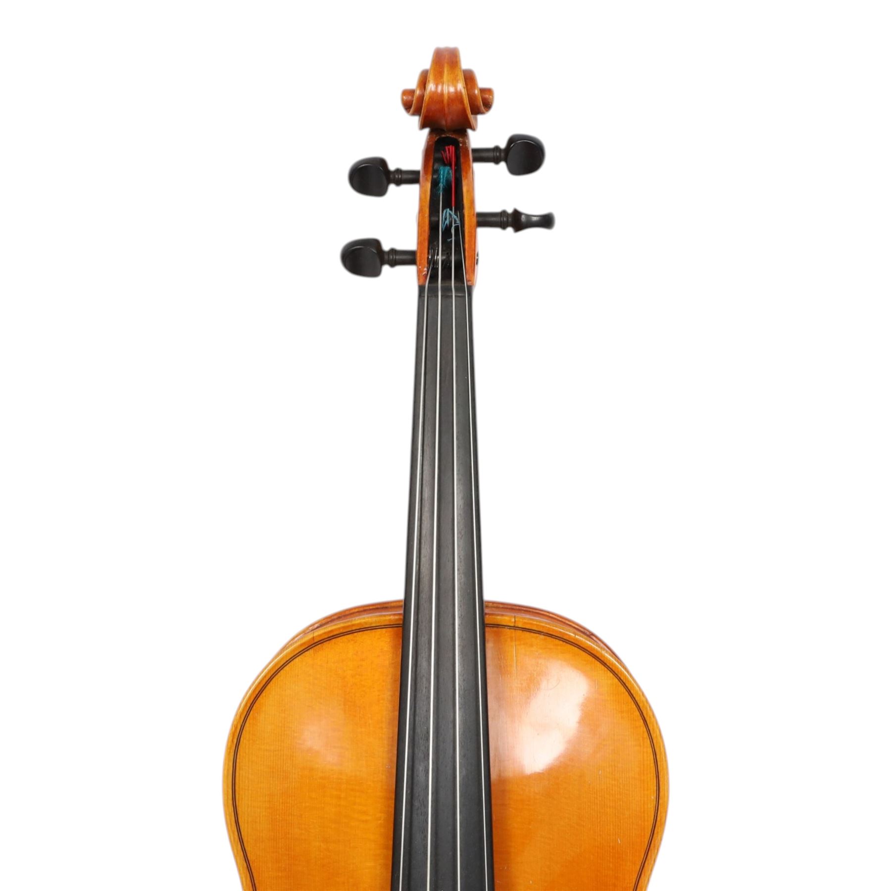 Late 20th century German full size viola, labelled to interior 'Walter Muller Bad Brambach 1976 made in GDR' with two-piece back, ebonised finger board, tuning pegs and tail piece, with a carved scroll and two bows, in hard fitted case, back length 16 inches