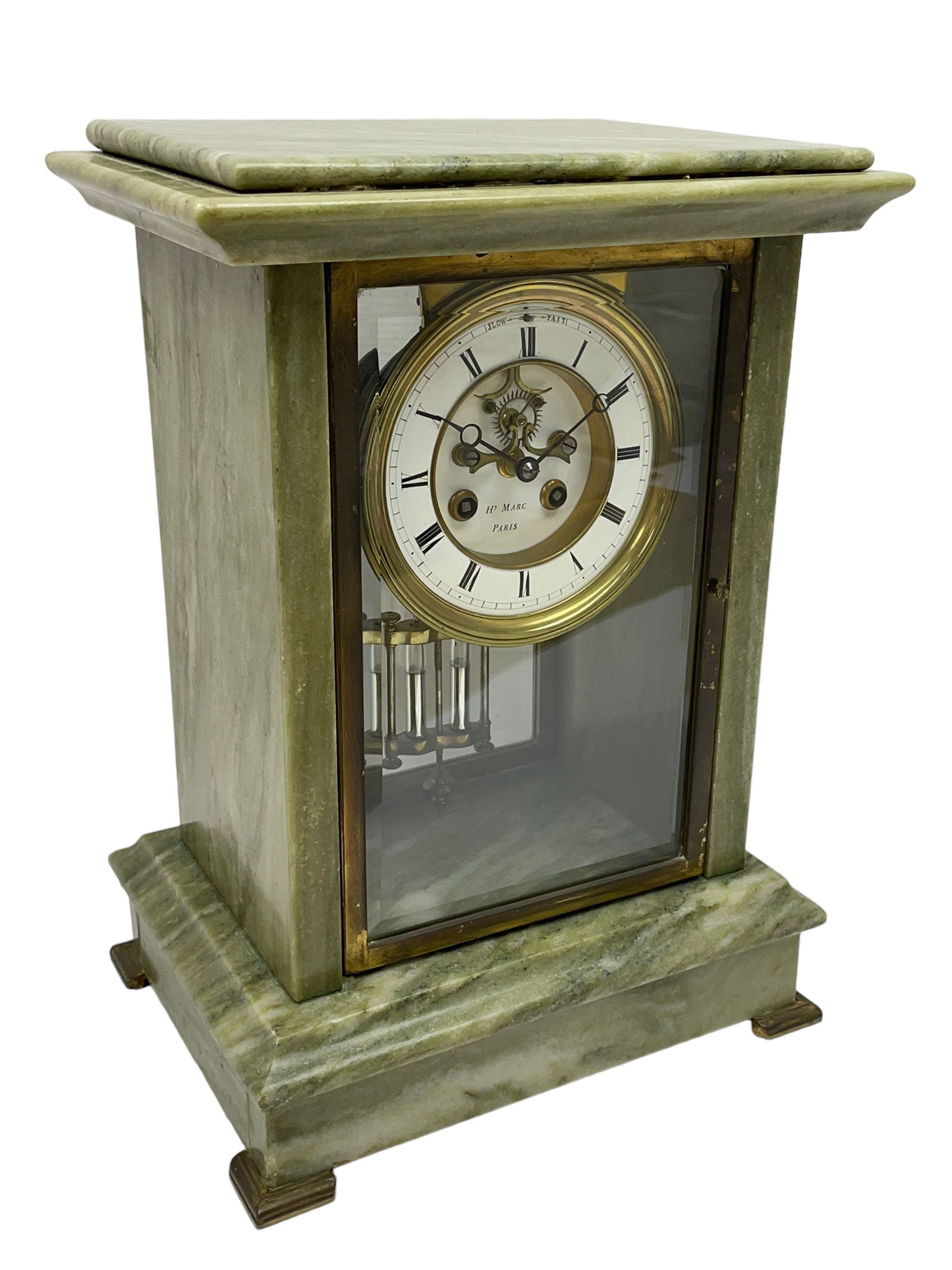 Henry Marc - Early 20th century 8-day French art deco mantle clock c1910, in a green mottled marble case with a stepped flat top and deep moulded plinth, brass framed bevelled front and rear glass doors, two part enamel dial with a visible Brocot deadbeat escapement and pendulum regulation, steel moon hands and Roman numerals, Parisian twin train rack striking movement with a visible twin file mercury pendulum, striking the hours and half-hours on a bell.