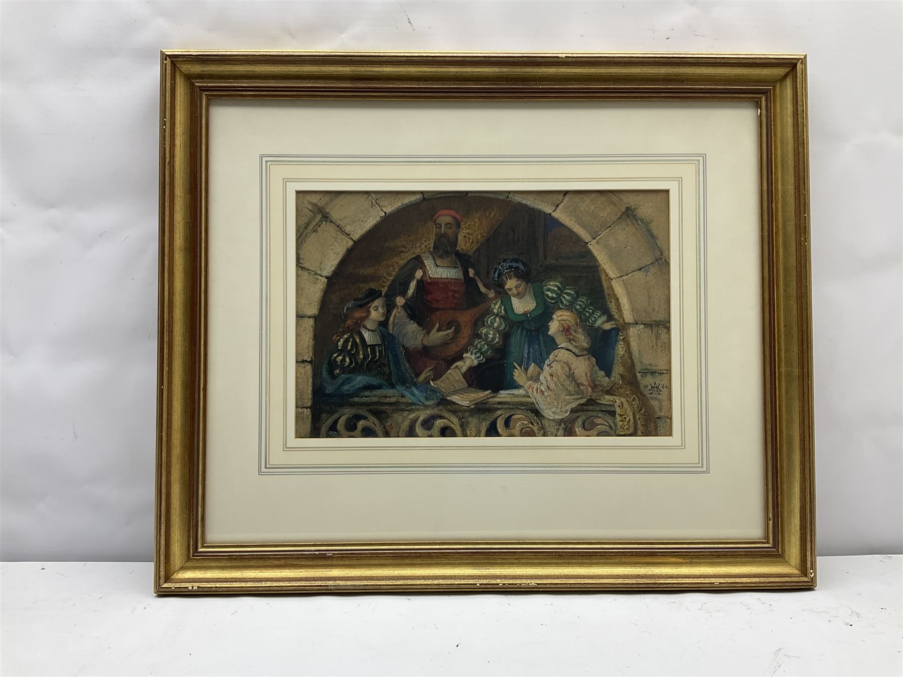 Charles Hamilton Aide (French/British 1826-1906): 'Lord Leighton and Friends, in the Minstrel's Gallery', watercolour signed and dated with monogram 1860, 23cm x 35cm 