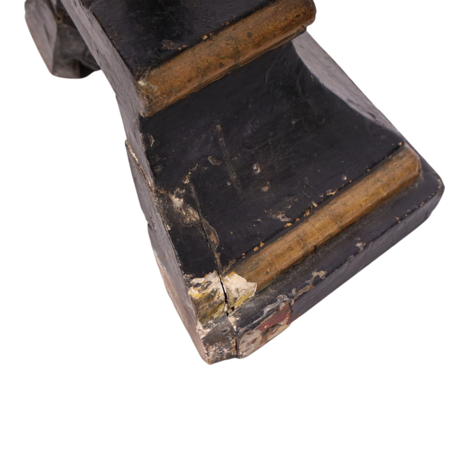 19th century black lacquered crucifix, with gilt detail upon a stepped base, H88cm   