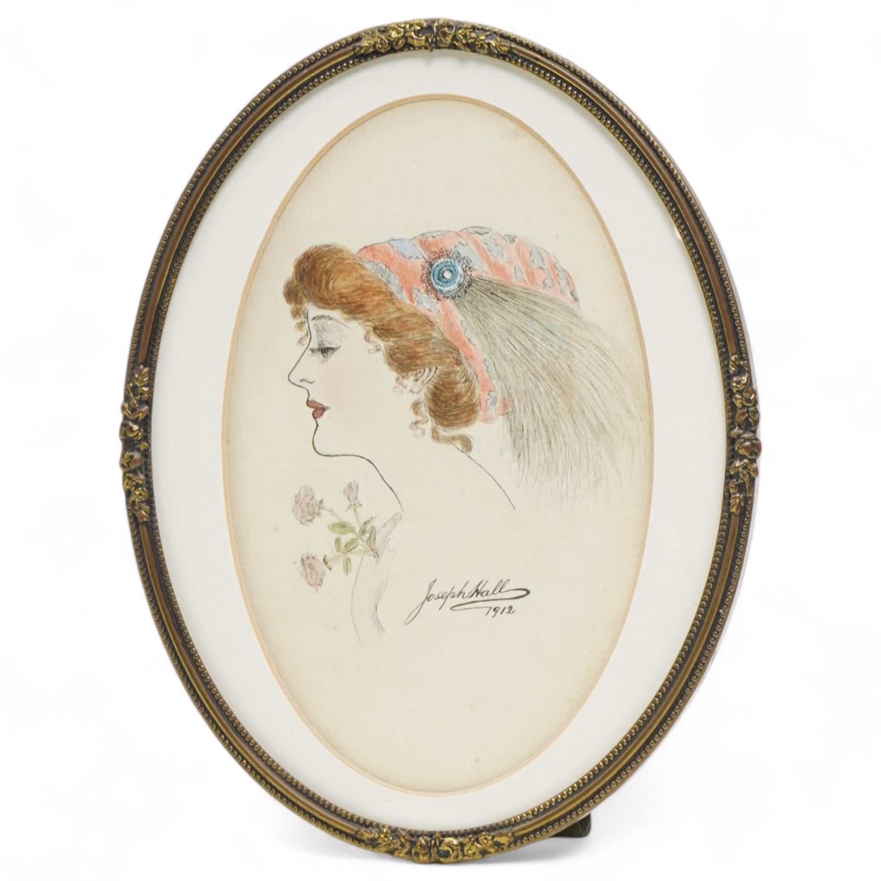 Joseph Hall (British 19th/20th Century): Portrait of a Lady in Profile holding a Posy, watercolour signed and dated 1912, 13cm x 8cm 