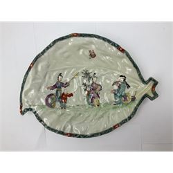 Worcester leaf dish, circa 1760, moulded as two overlapping cabbage leaves and painted in the Chinese Musicians pattern, L26cm W19cm