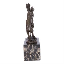 After Mario Nick; two hares boxing, bronze figure group, signed Nick and bearing foundry mark, upon rectangular plinth, overall H23.5cm