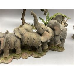 Seven Tuskers elephant figure groups, to include limited edition Stop! Mice Crossing 3479/4000 and Hide n' Squeak 77/4000, Love is... Sharing, Always a Safe Haven, Together Always etc, tallest H24cm