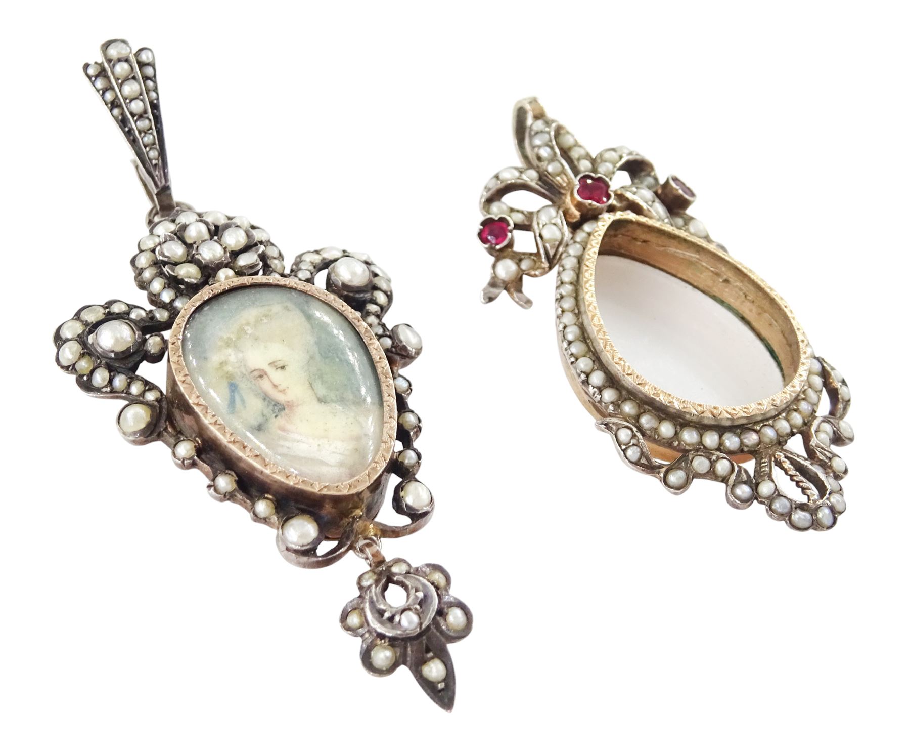 Two 19th century French silver pearl locket pendants, the first set with a pear shaped portrait miniature of a woman in 18th century dress on ivory, within a milled bezel and openwork split and seed pearl surround, the other of similar design with ribbon surmount and set with garnets and seed pearls, both hallmarked. This lot has been registered for sale under Section 10 of the APHA Ivory Act