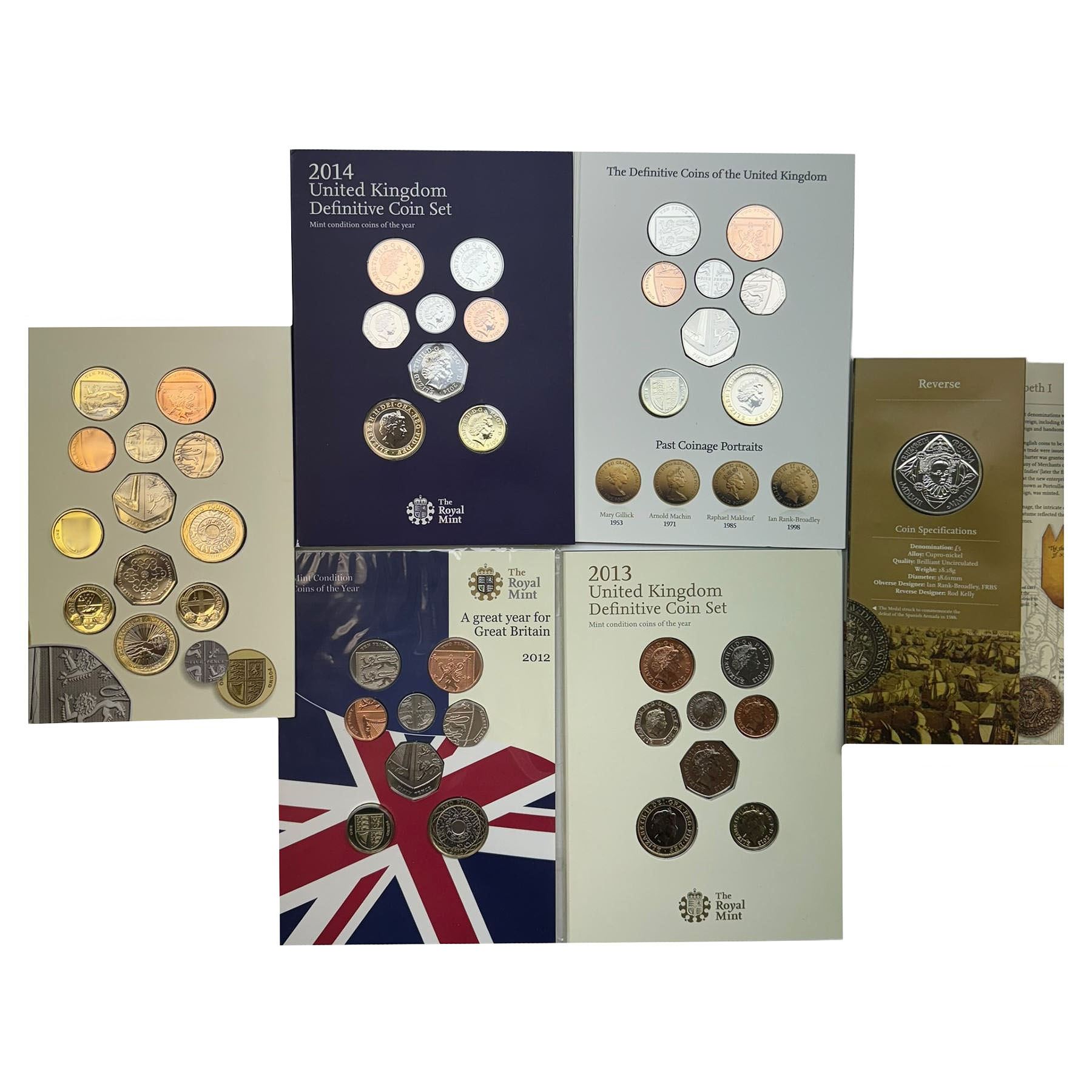 Six The Royal Mint United Kingdom uncirculated coins or sets, comprising  2008 'Queen Elizabeth I' five pounds, 2010 twelve coins, 2012 'Definitive' eight coins, 2013 'Definitive' eight coins, 2014 'Definitive' eight coins and 2015 'The Fourth Circulating Coinage Portrait Final Edition' eight coins, all in card folders
