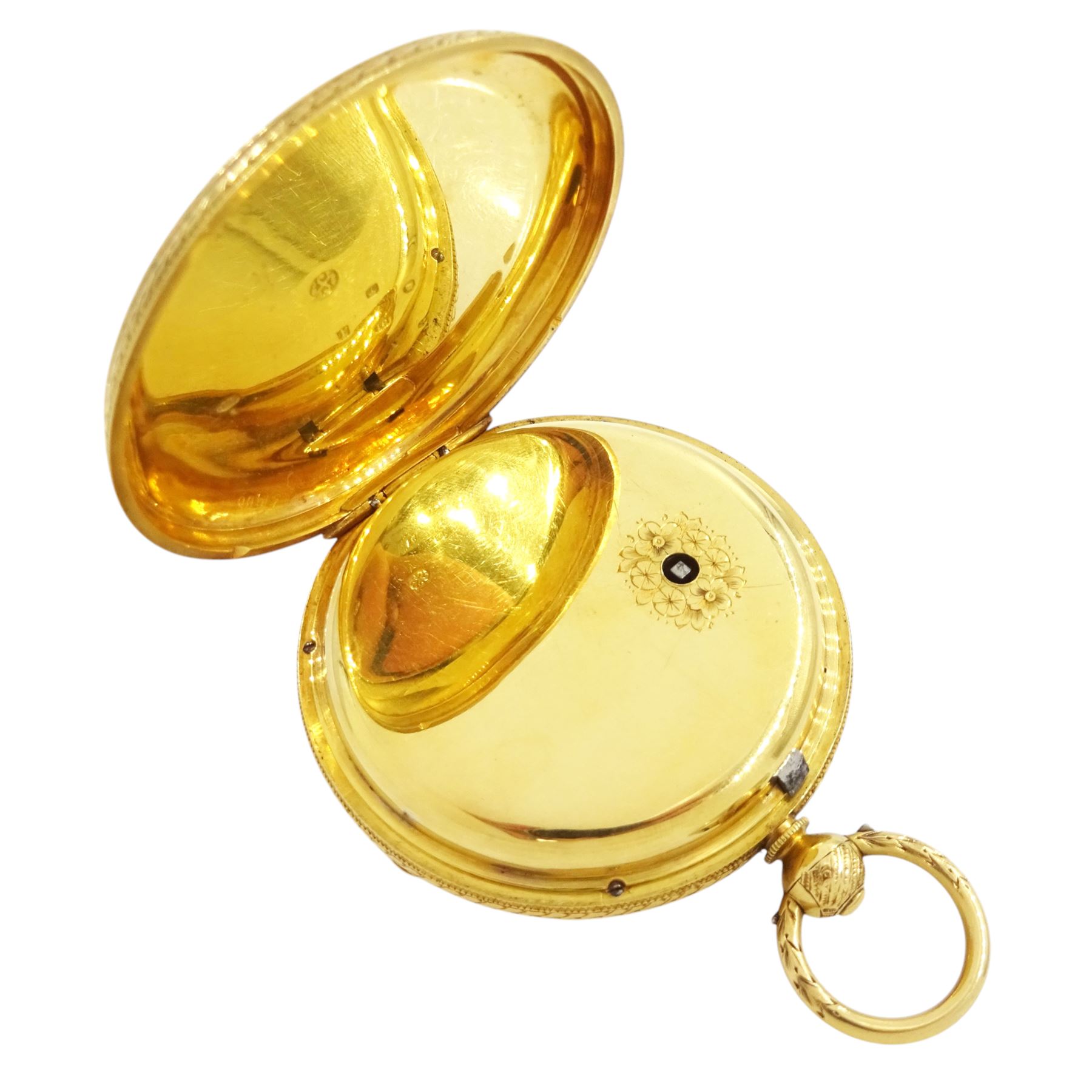Victorian 18ct gold open face fusee lever pocket watch by E & J Seiger Brothers, Greenock, No. 4315, gilt dial with Roman numeral hour markers and subsidiary seconds dial, case with engraved decoration makers mark JY, London 1872