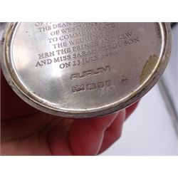 Modern limited edition silver Westminster Abbey Royal Wedding goblet, commemorating the marriage of HRH Prince Andrew and Miss Sarah Ferguson on the 23rd of July 1986, designed by Hector Miller for Aurum, the tapering cylindrical bowl with gilt interior and parcel gilt pierced band to base depicting the Royal Arms, upon knopped stem and circular stepped foot with floral parcel gilt rim, no. 483/750,  hallmarked Hector Miller, London 1986, H17cm