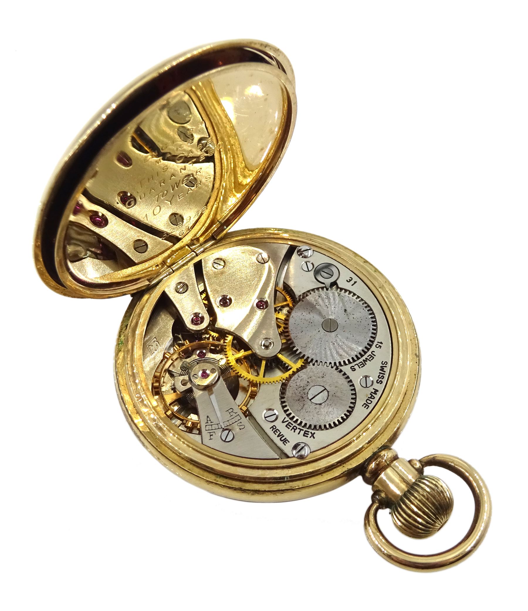 Vertex Revue gold-plated open face, key wound 15 jewels lever, railroad presentation pocket watch, white enamel dial with Roman numerals, case by Dennison, inner dust cover inscribed 'B R Southern Region F. Blackwell in Appreciation of 45 Years Service', 