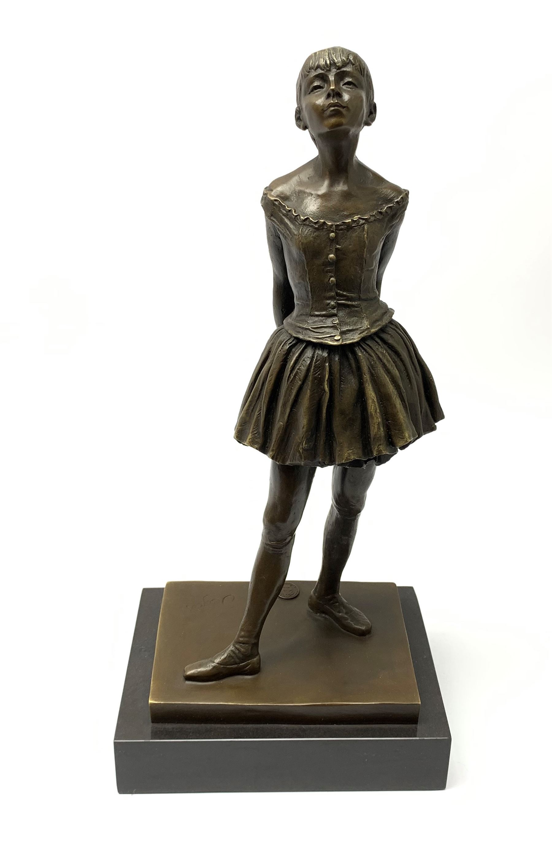 After Edgar Degas, (1834-1917), La Petite Danseuse de Quatorze Ans, bronze figure modelled as a young female dancer, signed and with foundry mark, raised upon a rectangular base, overall H37.5cm. 