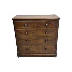 19th century mahogany chest of drawers, rectangular top over two short and three long graduated cockbeaded drawers, raised on compressed bun feet