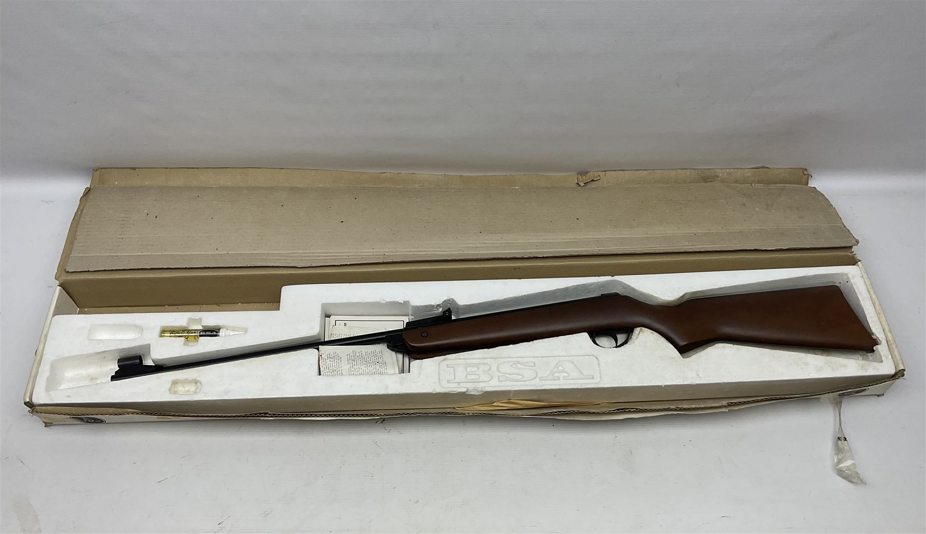 BSA Meteor .22 cal. air rifle with break-barrel action, serial no.TH80547, L106.5cm overall; in original box with accessories. NB: AGE RESTRICTIONS APPLY TO THE PURCHASE OF AIR WEAPONS.