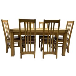 Multi-York - light oak dining table, rectangular draw leaf extending top, on square supports; together with a set of six chairs high back dining chairs with brown leather upholstered seats 