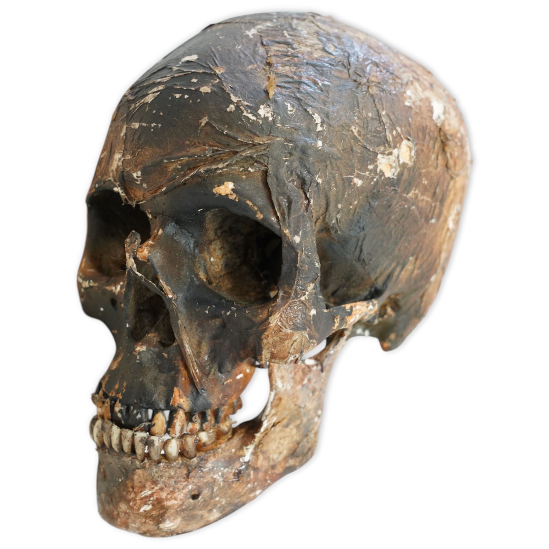 FILM PROPS; Three decomposing prop cadavers, collection of three life-size decomposing cadaver or dead body props, featuring skeletal elements, exposed flesh, and period clothing, each with articulated joints and limbs, likely from a TV or film production, each prop displays intricate detailing with realistic aging and weathering, together with post mortem cards detailing circumstances of death and identity, with two associated body bags max 160cm (3) 
Notes: the post-mortem cards correlate to a plane crash in 1972 - the Uruguay Air Force Flight 571 in the Andes Mountains; two movies were made about this event. Allegedly, the survivors resorted to cannibalism. 