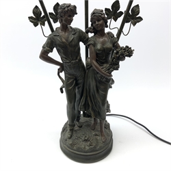  Art Nouveau style figural three branch table lamp with frill glass shades, H74cm  