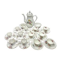 Royal Worcester Roanoke pattern coffee service, including coffee pot, coffee cans and saucers, milk and sugar bowl, together with Coalport Junetime pattern teacups and saucers