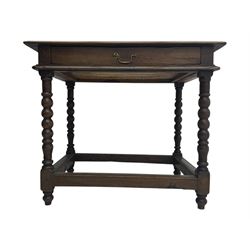 Late Victorian oak side table, rectangular top with moulded edge and frieze drawer with brass handle, raised on turned bulbous supports united by square-section stretchers