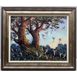 Bruce Kendall (British Contemporary): 'Woodland Fairies', oil on board signed, titled verso 39cm x 50cm