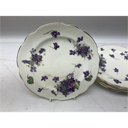 Hammersley Violets pattern tea wares comprising, nine cups and eleven saucers, thirteen dessert plates and two cake plates