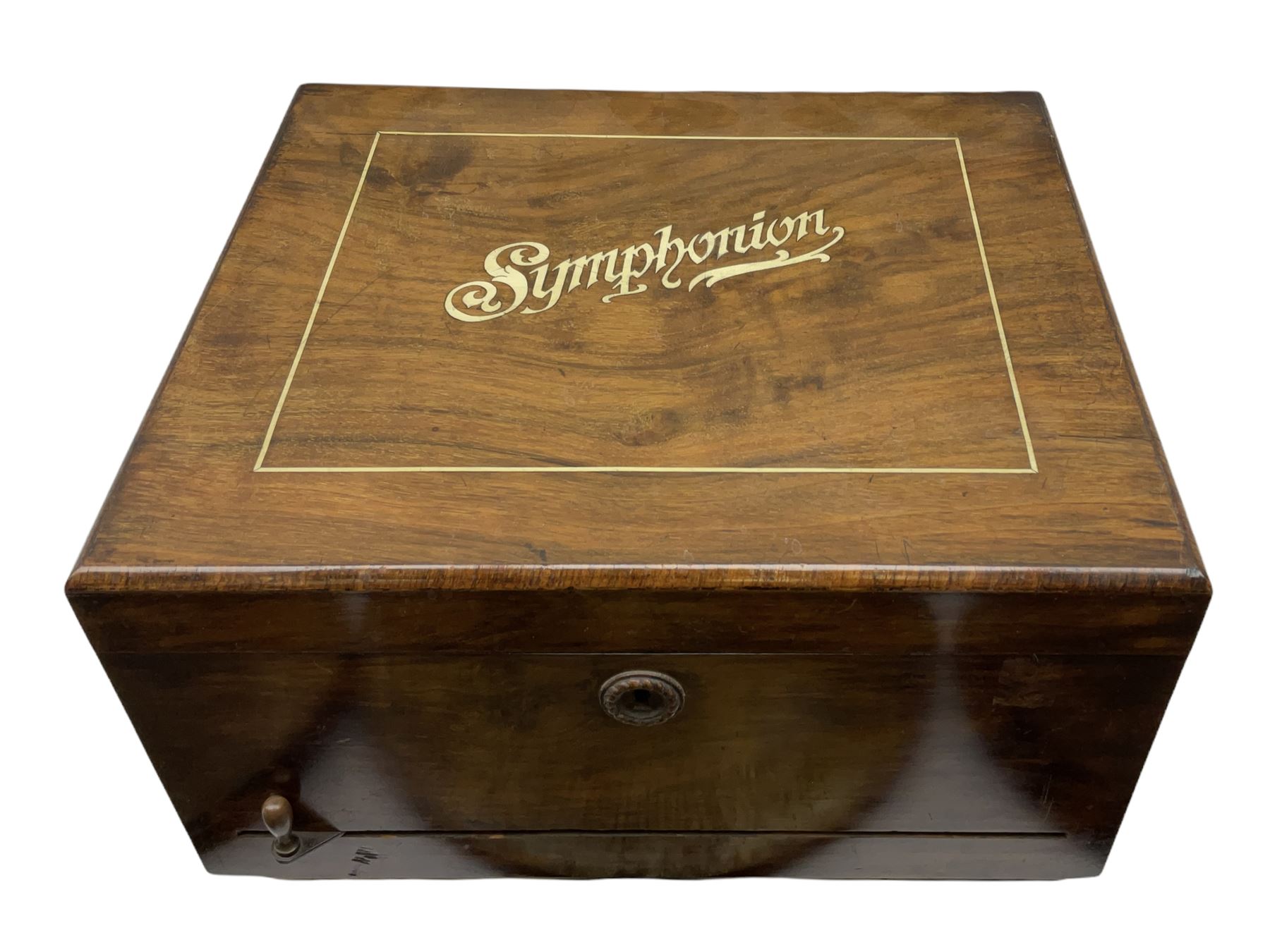 Late 19th century Symphonion disc musical box in inlaid walnut case with front lever action playing 25.5cm discs on a 10.5cm steel comb with forty-nine teeth, musical scene of cherubs under the lid, L33cm; together with five 25.5cm discs, fifteen 20.5cm discs and eleven 19cm discs
