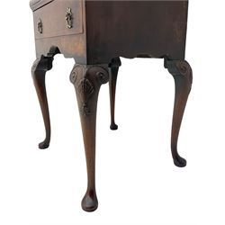 Small early 20th century Queen Anne style bookcase on bureau secretaire, the moulded arched pediment over mirrored door in shaped frame, the bureau fitted with fall front enclosing curved fitted interior, cushion moulded drawer over single drawer, on scroll and shell carved cabriole supports