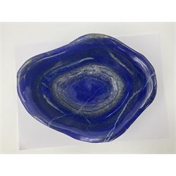 Carved bowl, flat-bottomed bowl carved from a single piece of Lapis lazuli with flared rim, H8cm, L21cm
