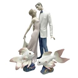 Three Lladro figures, comprising Happy Anniversary no 6475, Pond Dreamer no 6859 and Underwater Calm no 6860, largest example H33cm