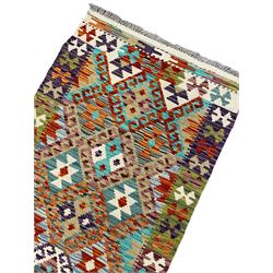 Chobi kilim runner, multi-colour ground with lozenge and geometric design 