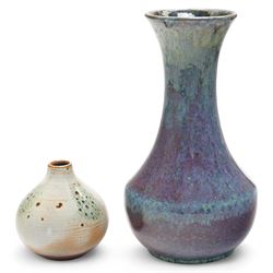 Poole pottery 'Atlantis' vase by Jenny Haigh with brown speckled decoration on a beige and brown ground signed and numbered A5/1 H9cm and a Cobridge stoneware vase with plum coloured drip glaze H23cm date code 2002 (2) 