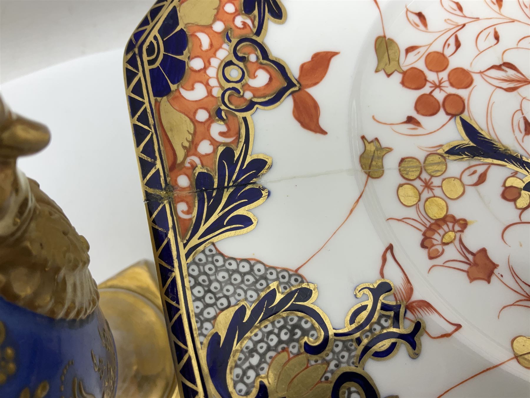 Devonport imari pattern comport set, comprising two tall comports and three low comports, together with twin handled pedestal ovoid vase, decorated with landscape with gilt swan handles, vase H25cm