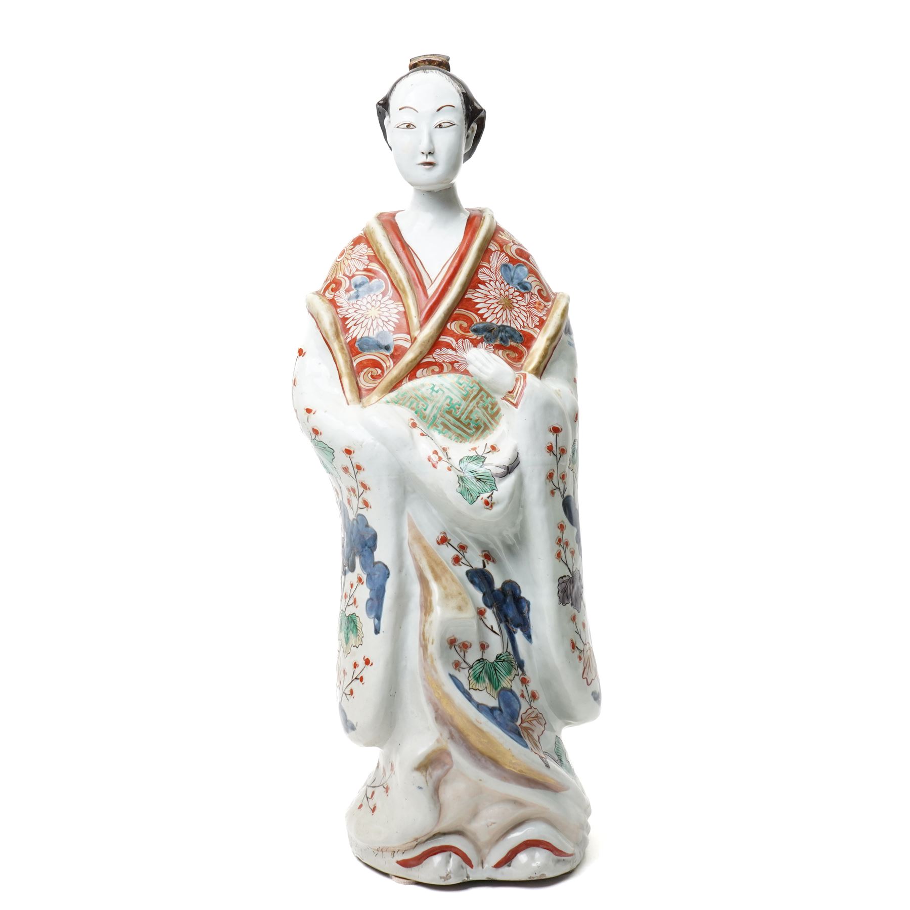 Large Japanese Imari porcelain figure, modelled as a Bijin, wearing a long kimono decorated with apple blossom and leafy branches on a white ground, with gilt detailing, possibly Edo period, H63cm