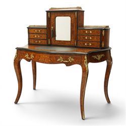 19th century French inlaid figured walnut and ebonised Bonheur de Jour or writing desk, th...