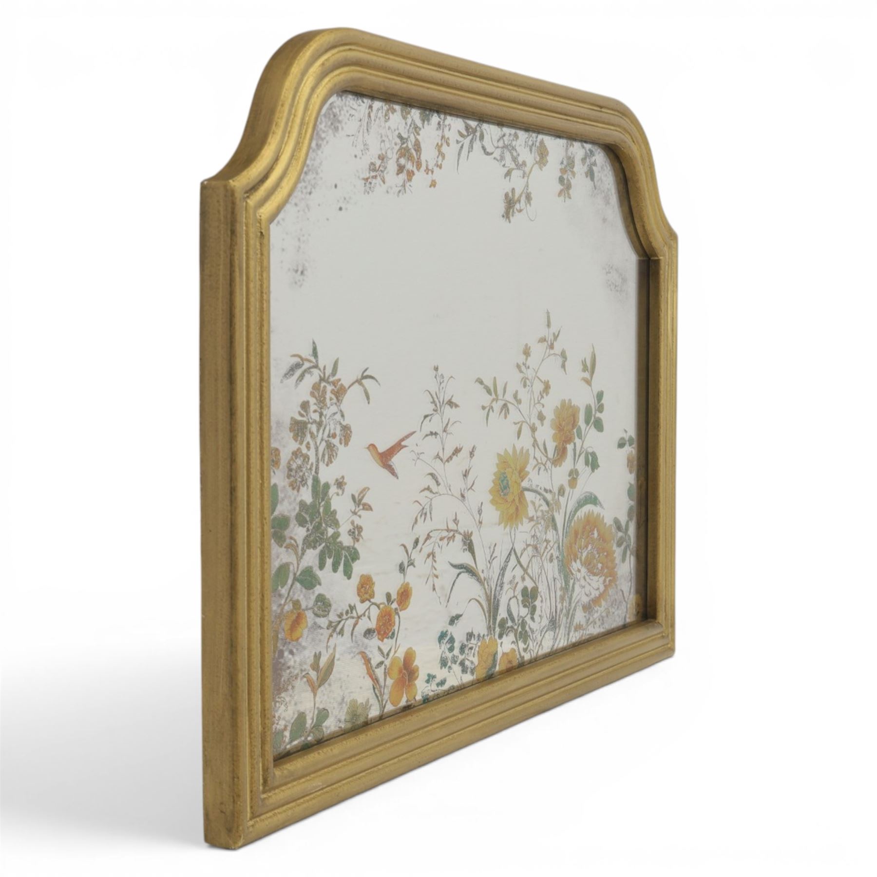 Botanical design wall mirror, the mirror plate decorated with printed botanical motifs and enclosed by a moulded frame