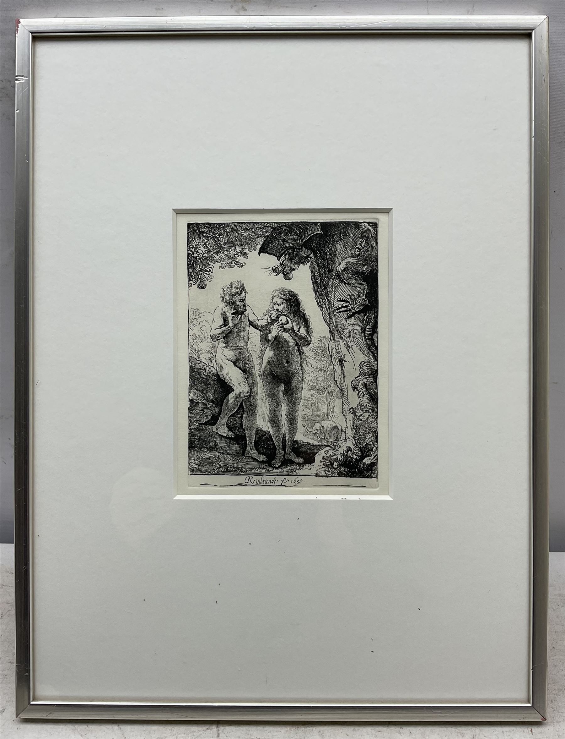After Rembrandt (Dutch 1606-1669): 'Adam and Eve', 20th century etching 16cm x 12cm 