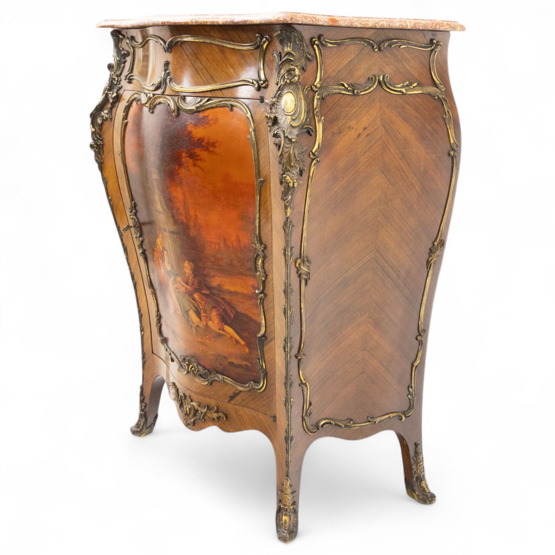 Early 20th-century Louis XV revival Vernis-Martin style bombe-shaped kingwood cabinet, serpentine-shaped variegated Breccia Pernice marble top with moulded edge, the front panel decoration with a painted romantic pastoral scene, interior with two shelves, flanked by gilt bronze masks, sides with diagonally book-matched veneer, bordered by gilt bronze scrolling acanthus mounts, raised on short cabriole form legs with gilt-bronze sabots, key included 