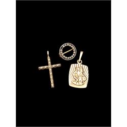 15ct gold and platinum seed pearl brooch, stamped, 9ct gold cross pendant and a 9ct gold St Christopher pendant, both hallmarked 